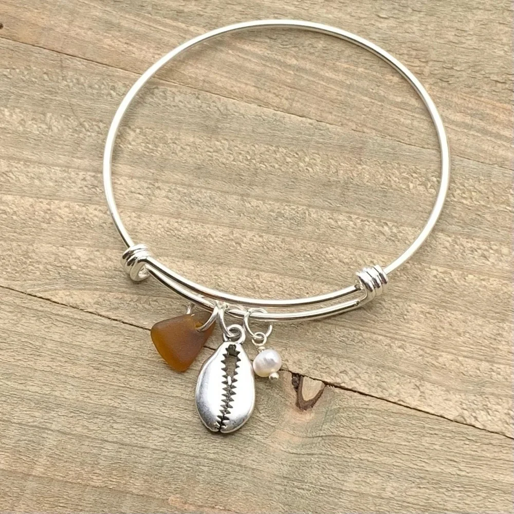 Sea Glass Beach Charm Bracelet w/ Shell And Pearl| Genuine Seaglass Jewelry